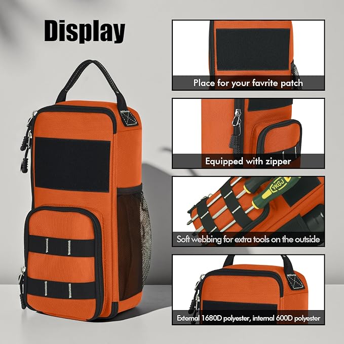 LAKE OF FIRE 12.6" Small Tool Bag Pouch for Men with Multiple Pockets, Waterproof Heavy Duty Tool Bag Organizer with Zipper and Portable Handle (Orange)