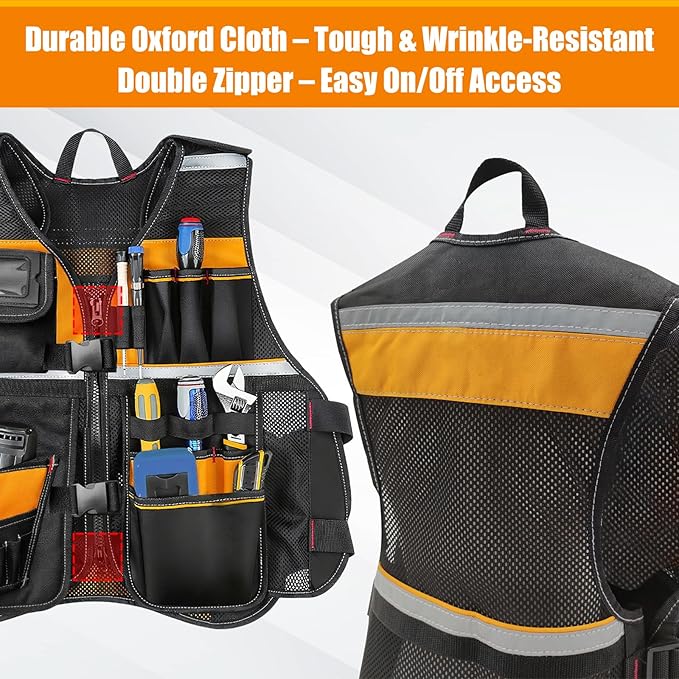 Electrician Tool Vest for Men, Tool Vest Electrician with Molded Drill Holster, 1680D Heavy Duty Adjustable Work Vest, Reflective Workwear with 16 Storage Spaces (Orange)