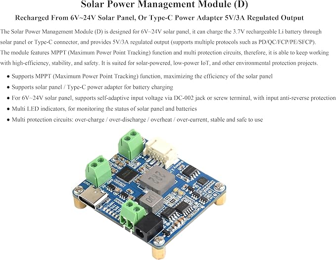 Solar Power Manager Module, Solar Charge Controller USB, Supports 6V~24V Solar Panel and Type-C Power Adapter, 5V/3A Regulated Output, with Battery Holder (Not Includes Batteries)