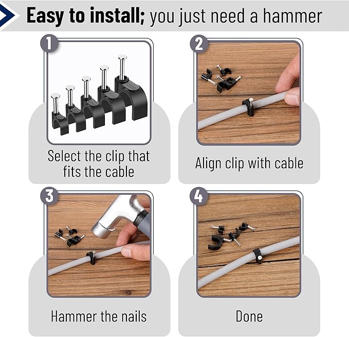 Bates- Cable Clips with Steel Nails, 360 pcs, Black, 4mm 5mm 6mm 8mm 10mm, Cord Clips for Wires on Wall, Cable Wall Clip, Wire Wall Clips, Cable Wire Clips, Coaxial Cable Clips, Cord Wall Clip