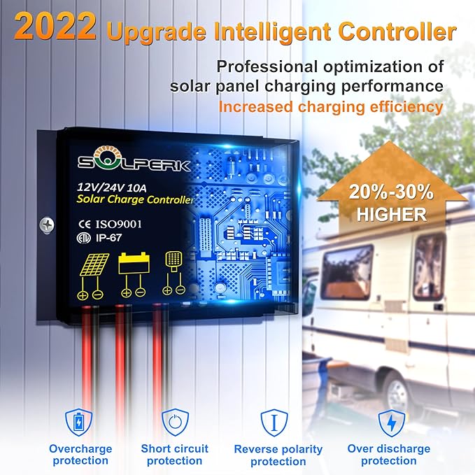 30W Solar Panel Kit 12V, Monocrystalline Solar Panel Charger Off Grid with Intelligent Waterproof Controller+ Adjustable Mount Bracket for Boat Car RV Motorcycle Marine Automotive Camping Roof