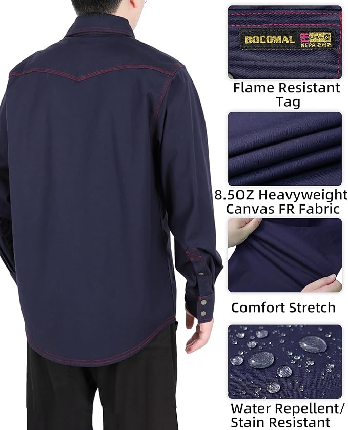 BOCOMAL FR Welding Shirts Heavyweight Stretch Canvas Snaps Down Reinforced Stitching Western Style Fire Resistant Jackets