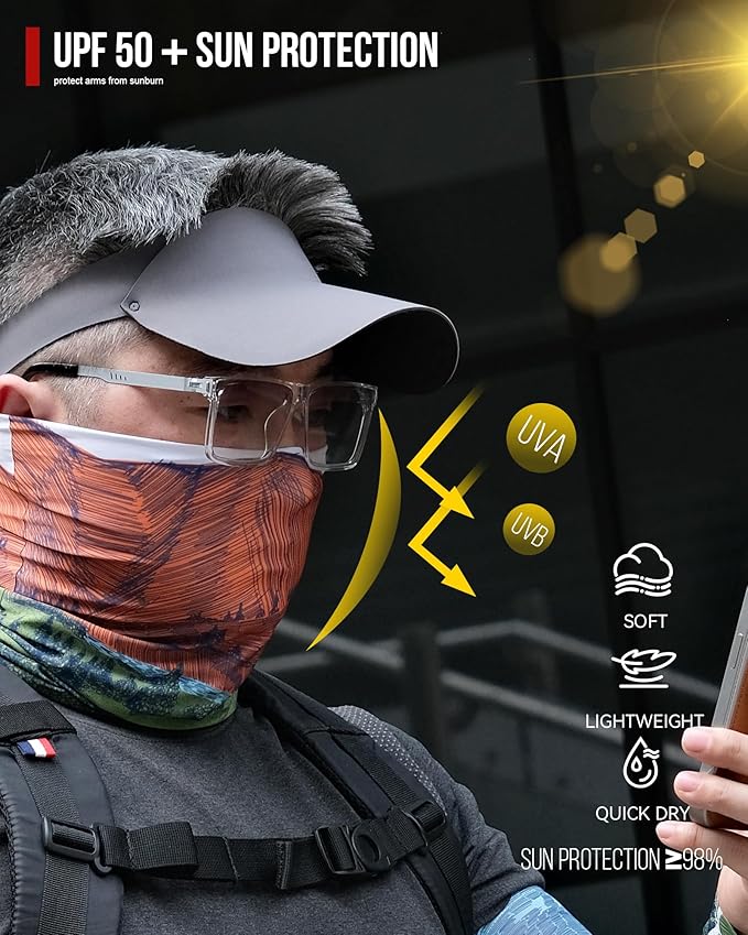Neck Gaiter and Arm Sleeves Set, UPF 50+ Breathable Face Mask and Cooling Compression Sleeves