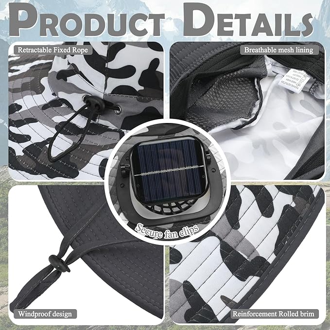 Berlune Men Sun Hat with 2 Solar Fans Wide Brim Outdoor Fishing Hat USB & Solar Powered for Sun Protection Camping Hiking