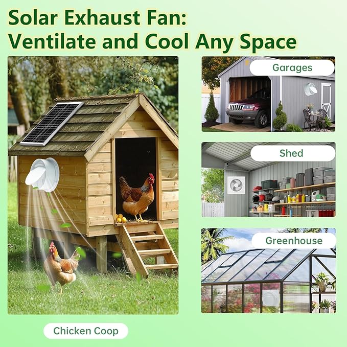 Solar Fan for Chicken Coop with Battery 25W Solar Panel Powered Exhaust Fans with 14.8ft On/Off Switch Cable for Greenhouse, Sheds, Pet Houses, Ventilation, Outside, Greenhouse Air Circulation Garages