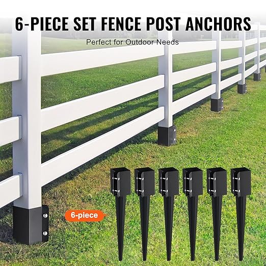 VEVOR Fence Post Anchor, 6 Pack 4 x 4 Inches Outer Diameter (Inner Diameter 3.5 x3.5 Inches) Ground Spike 24", Metal Black Powder Coated Post Stake Ground, for Mailbox Deck Garden Railing