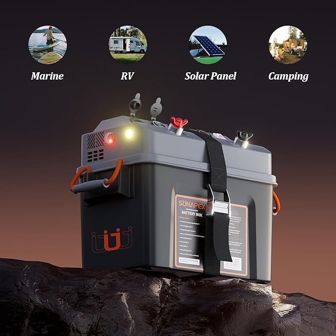 SUNAPEX Smart Battery Box 12V/24V Power Center - Multi Ports & Circuit Breaker for Trolling Motor, Marine,RV & Solar Panel (No Battery)