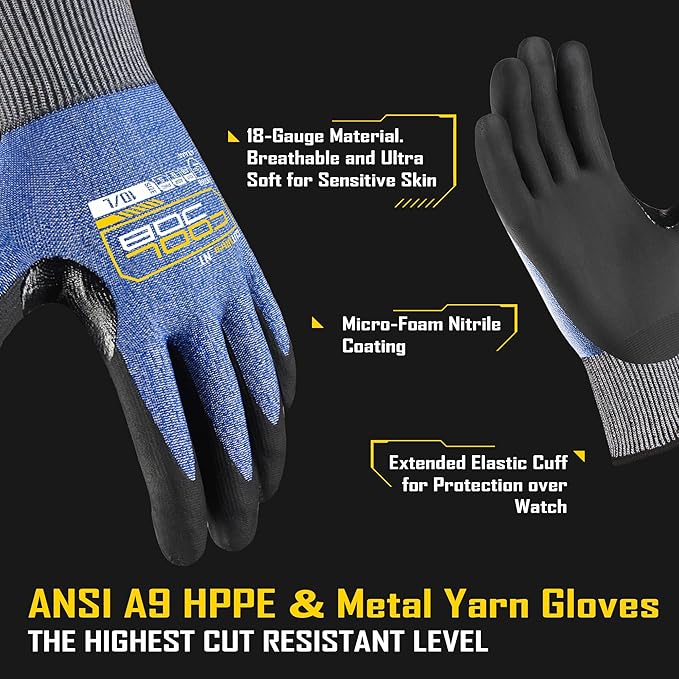 COOLJOB ANSI A9 Cut Resistant Gloves - 1/3 Pairs, Touchscreen Highest Knife Proof Level with Microfoam Nitrile Coated, Safety Work Gloves for Wood Carving, Glass Work, Construction, Blue XS