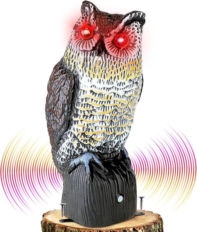 Ruolan Brid Owl Keep Birds Away,Owl Decoy with Flashing Eyes&Frightening Sound for Garden Yard Outdoor