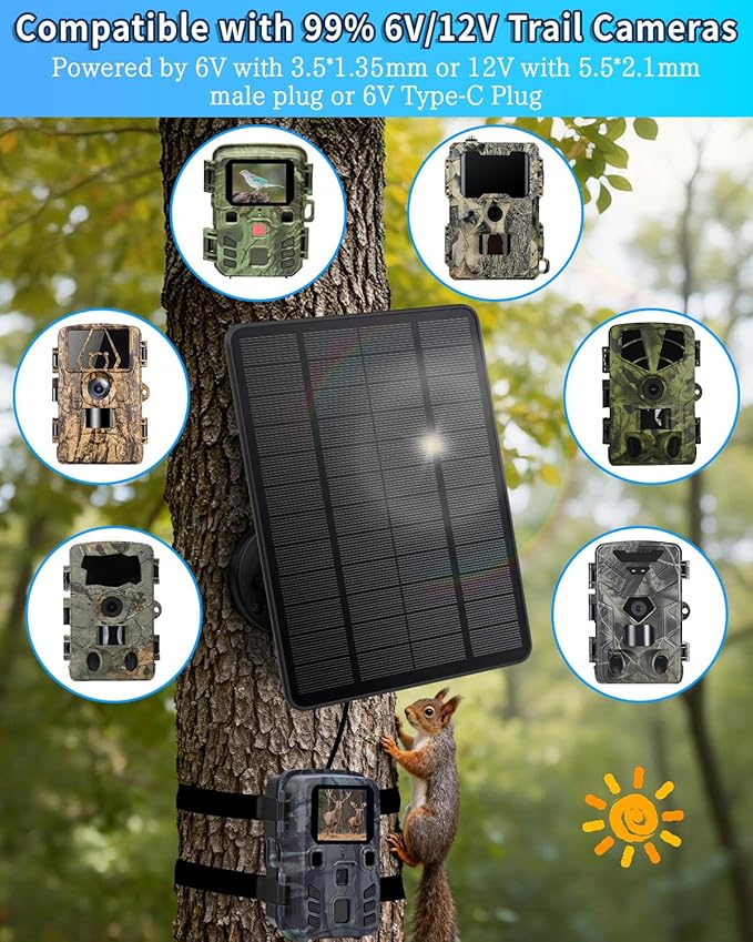 Trail Camera Solar Panel, 3W Solar Panel Charger with 5000mAh Battery and 12V/1A 6V/1.5A USB-C & DC Port 9.8ft Cable, IP65 Waterproof Solar Panel for Trail Camera,Game Cameras, Hunting Accessory