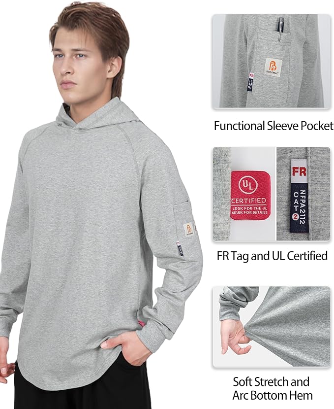 BOCOMAL FR Hooded T Shirts Heather Series 6oz Flame Resistant NFPA2112 CAT2 Fire Retardant Hoodies Work Shirt