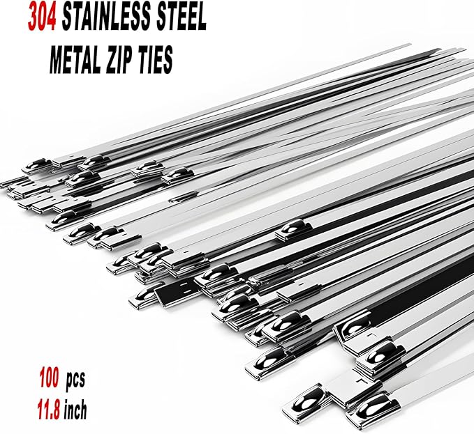 Metal Zip Ties 11.8inch 100pcs 304 Stainless Steel Cable Ties, Uv Resistant Heavy Duty Stainless Steel Zip Ties for Machinery, Exhaust Wrap, Farm, Pipe, Roof, Cable, and Outdoor Fence