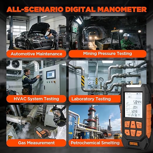 Manometer Gas Pressure Tester, Digital Manometer, -100-200Kpa, 10 Units Differential Pressure Gauge, Max/Min/Data Storage, 2-Port Tester for HVAC/Automotive Brake/Industrial/Lab Calibration (Regular)
