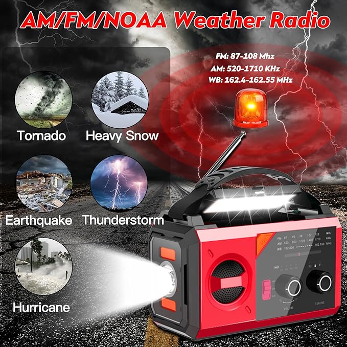 20000mAh/74000mWh Solar Hand Crank Emergency Radio - AM/FM/NOAA Weather Alert, Portable Power Bank, 3-Mode Flashlight & Reading Lamp, SOS Alarm, Phone Charger for Outdoor/Camping/Emergency(Red)