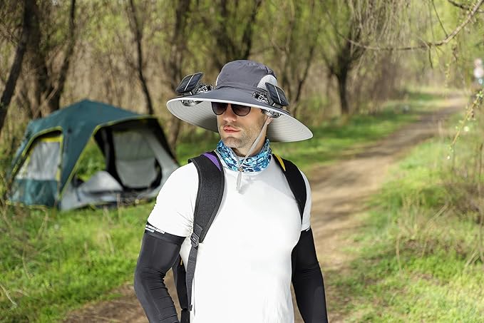 Solar Fan Hat Rechargeable 2Detachable Solar Fans,Water-Repellent Wide Brim Bucket Hat, Outdoor Camping Hiking Golf Sun Hat