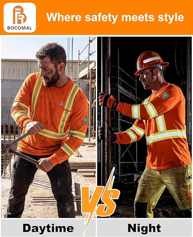 BOCOMAL FR Hi-Vis Shirts 6oz Lightweight High Visibility Reflective Flame Resistant/Fire Retardant Shirt Men's Safety Shirts