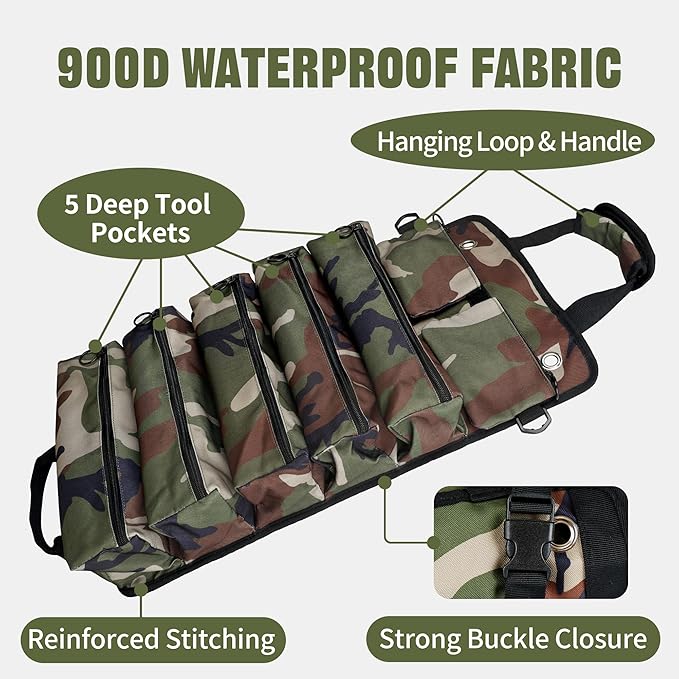 Portable Foldable Roll-Up Waterproof Tool Bag Organizer with 5 Compartments & 2 Detachable Pouches, Heavy-Duty Tool Pouch Bag, Dad Men Electrician Mechanic Gifts (Camouflage)