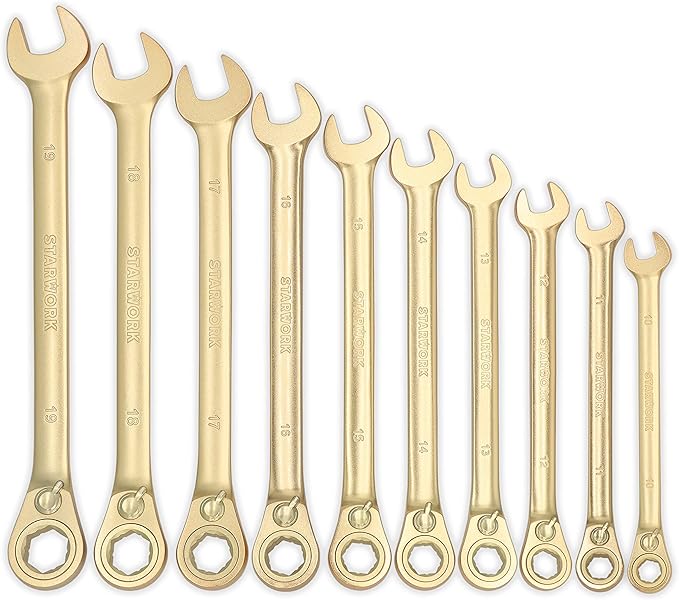 STARWORK 20 Pc. 6-Point SAE, Metric 15° Offset Vintage G-Plating Reversible Non-Slip Long Pattern Ratcheting Combination Wrench Set (5/16" -3/4" & 8-19 mm)
