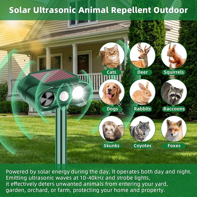 2 Pack Solar Ultrasonic Animal Repeller Outdoor Cat Deer Repellent Devices with Strobe Flashing Light - Keep Squirrels, Dogs, Raccoons,Rabbits,Skunks Away from Garden Yard Farm Animal Deterrent