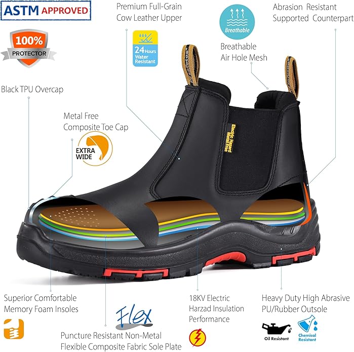 Mens Work Boots Steel Toe Chelsea Safety Boots Cow Leather Waterproof Lightweight Working Shoes