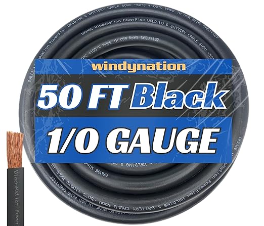 WNI 1/0 Gauge 50 Feet Black 1/0 AWG Ultra Flexible Welding Battery Copper Cable Wire - Made in The USA - Car, Inverter, RV, Solar