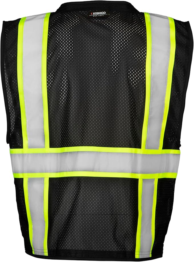 Kishigo Black Enhanced Visibility Men's Vest B100, Multi Pocket Mesh Hi-Vis Vest, Ultra-Cool Polyester, 6 Pockets, Zipper