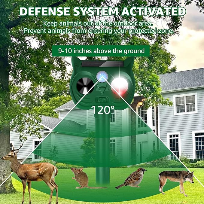 Solar Ultrasonic Animal Repellent Outdoor Motion Sensor Deer Repellent Devices Squirrel Cat Raccoon Rabbit Deterrent with Strobe Light Dual Mode, Keep Skunk Away Protection for Yard Garden Lawn 1PC