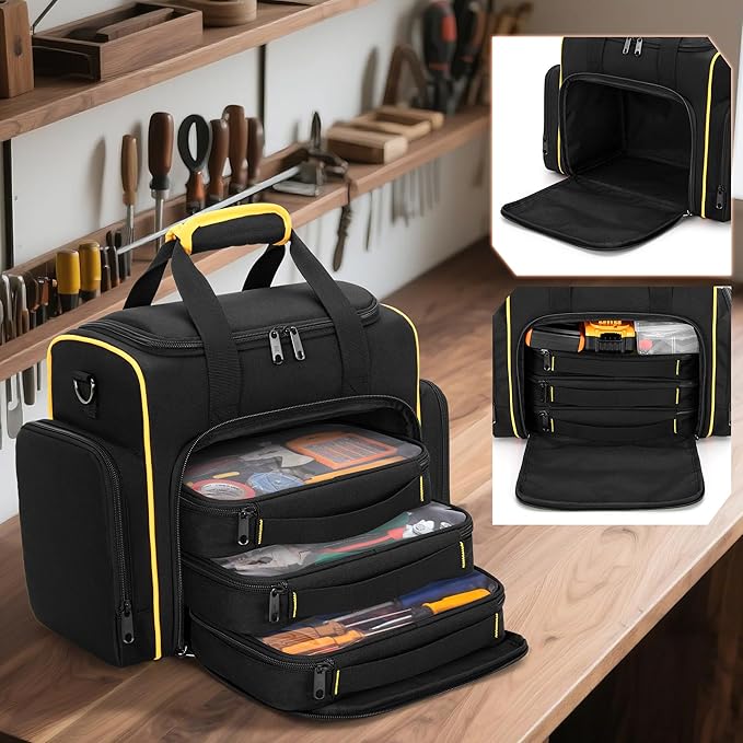 Tool Bag with 3 Removable Cases, 2 Layers Tool Tote for Hand Tools, Black with Yellow Binding