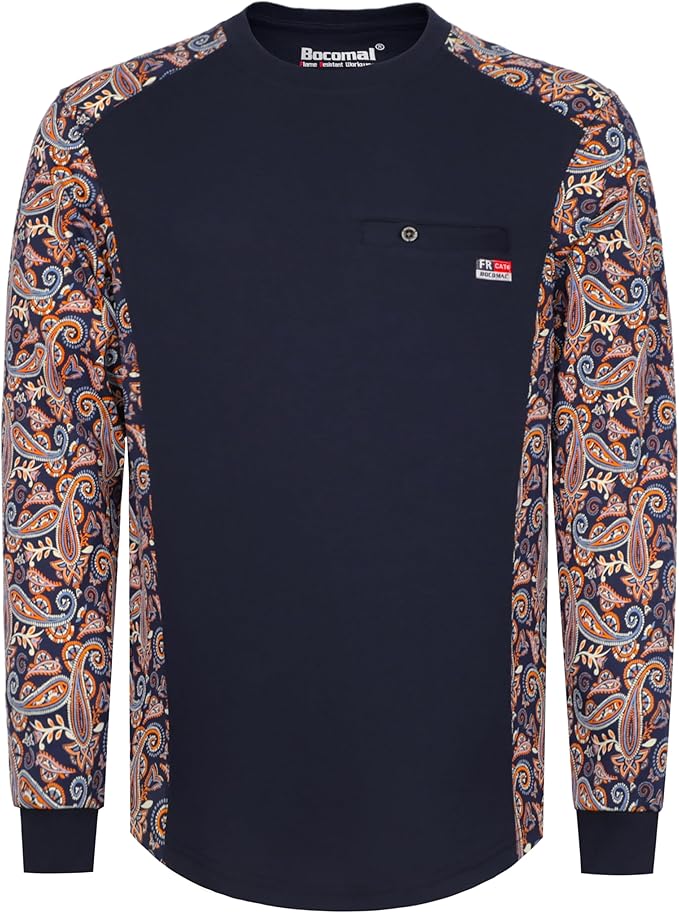 BOCOMAL FR Shirts Crewneck 5.5oz Lightweight Cotton Paisley Camo Two-Tone Flame Resistant Long Sleeve CAT2 Work Shirt
