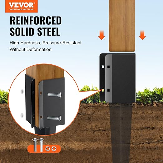 VEVOR Fence Post Anchor, 4-Pack Ground Spike, 36x4x4 OD (3.5x3.5 ID), Durable Metal, Black Powder Finish, Ideal for Mailbox, Deck, and Garden Railings