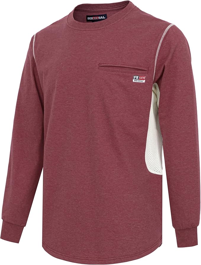 BOCOMAL FR Shirts for Summer Breathable Vented Design 6oz Heather Jersey Flame Resistant Long Sleeve Crew T Shirt