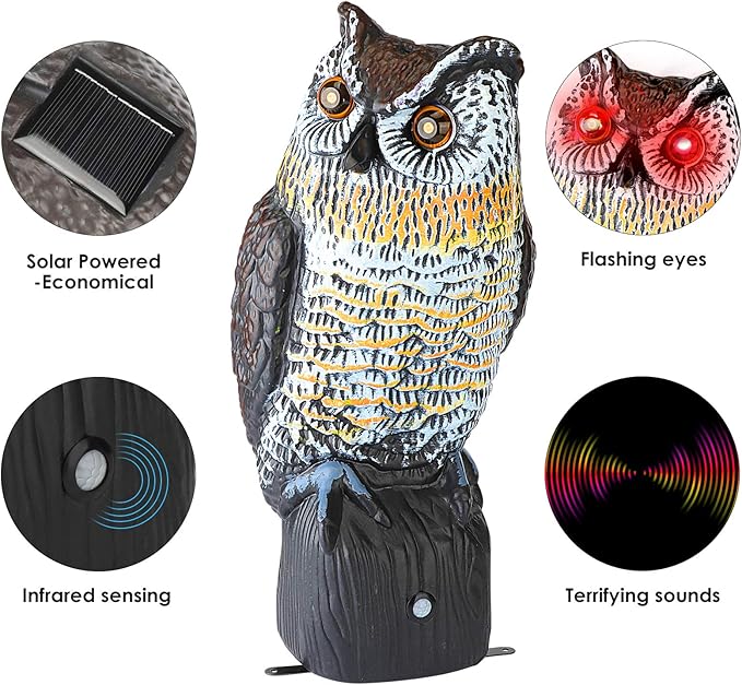 Ruolan Brid Owl Keep Birds Away,Owl Decoy with Flashing Eyes&Frightening Sound for Garden Yard Outdoor