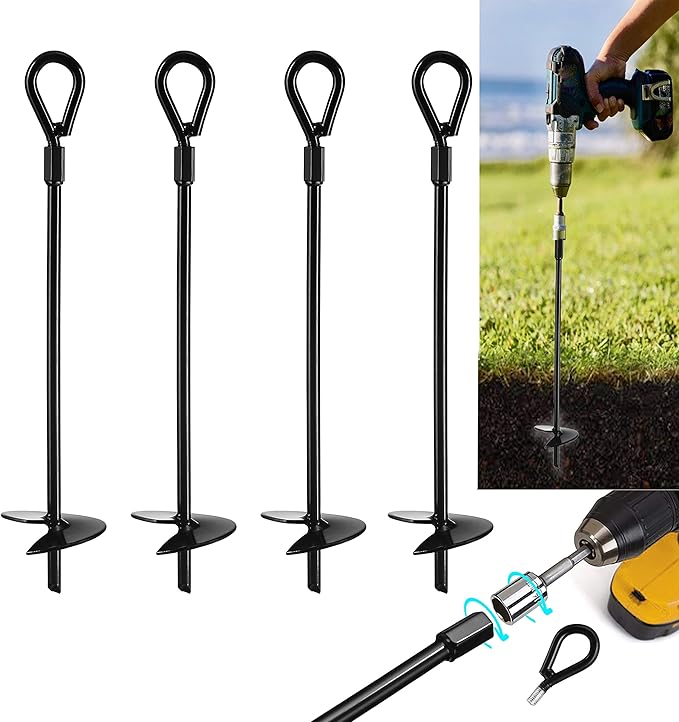 VASGOR 15” Ground Anchors (4pcs) Easy to Use with Drill, 3" Helix Diameter, Heavy Duty Anchor Hook for Camping Tent, Canopies, Car Ports, Sheds, Swing Sets, Securing Animals – Black Powder Coated