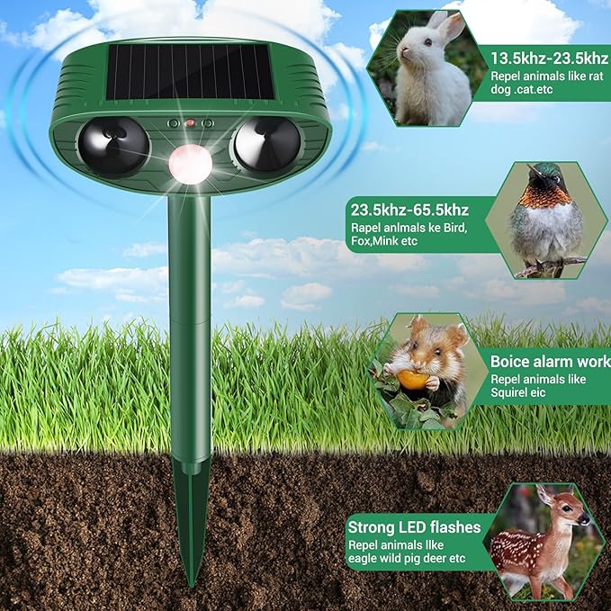2 Pack Solar Animal Repeller Outdoor, Cat Deterrent with Ultrasonic & Flashing LED - Night Time Motion Activated Pest Control for Garden Yard to Repel Cats, Raccoons, Deer, Skunks, Squirrels