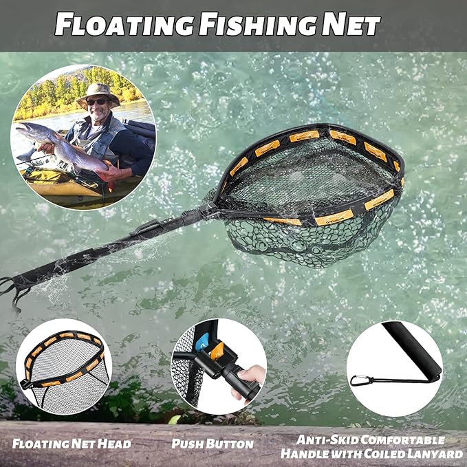 PLUSINNO Fishing Net Fish Floating Landing Net, Kayak Nets with Fixed Foldable Telescopic Pole Handle, Bass Trout Fishing Nets with Nylon Mesh for Pond Lake River, Fishing Gear Gifts for Men Anglers