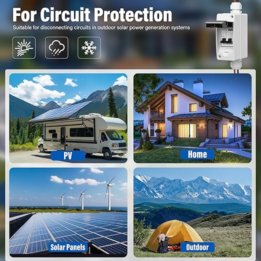 Solar Panels Disconnect Switch 50Amp DC Solar Shut Off Switch 1000V 2 Poles Outdoor Small Miniature Circuit Breaker Box, IP65 Waterproof UV-Proof for PV Homes