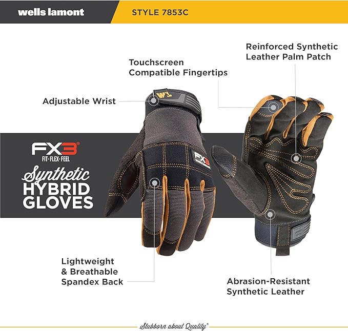 Wells Lamont FX3 Men's Work Gloves – Dexterity, Synthetic Leather Palm, Reinforced Fingertips – Stretch Spandex for Comfort – Touchscreen-Ready, All-Purpose Use, Ergonomic Fit – Black, Medium (7853MC)