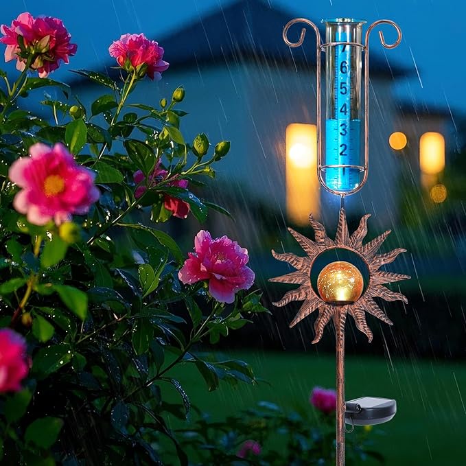 WONDER GARDEN Solar Rain Gauge Outdoor, Sun Decorative Rain Gauges Outdoors Best Rated with Orange Crackled Glass Ball, Freeze Proof Water Rain Measure Gauge for Yard Patio Lawn Decor