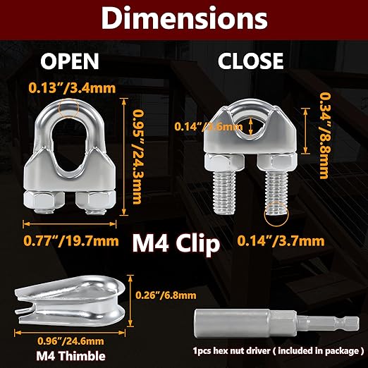 12PCS M4 5/32 Inches Stainless Steel Wire Rope Clips Cable Clamp,6PCS Thimbles