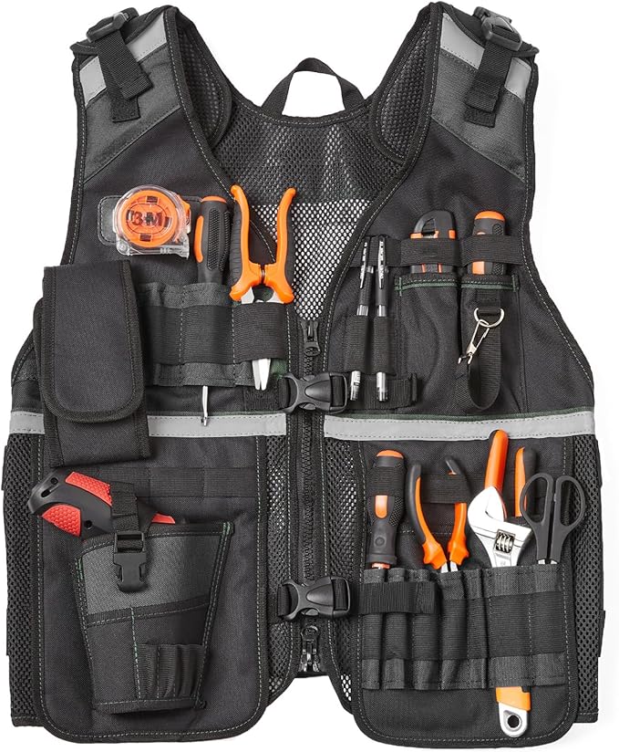 Electrician Tool Vest for Men, Reflective Safety Work Vest with Adjustable Thick Straps, Removable Phone Holder for Electrical, Carpenters, Construction, 22 Pockets