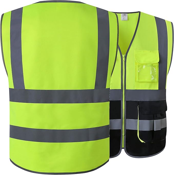 JKSafety 7 Pockets High Visibility Zipper Front Safety Vest With Reflective Strips.Meets ANSI/ISEA Standards (130-Yellow-Black XL)