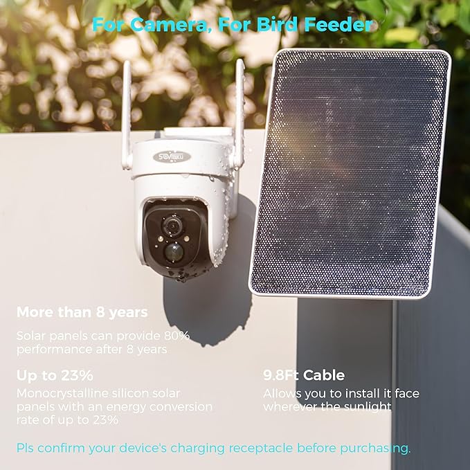 5V 8W Solar Panel for Security Camera, For Bird Feeder, 4G AOV Trail Cam, Ring Tapo Eufy Vicohome Eseecloud, Native USB-C, Micro-USB & DC 3.5mm*1.35mm, 23% Conversion, 9.8 Ft, 180 Days Exchange Policy