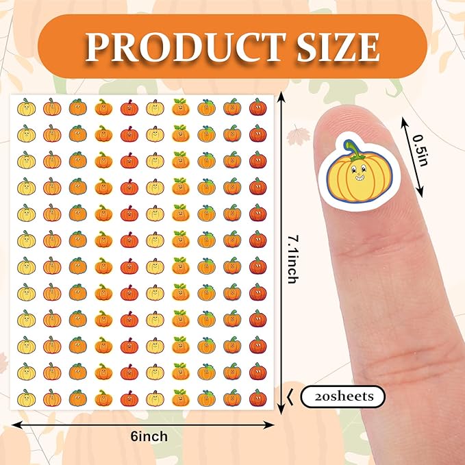 JarThenaAMCS 2400 Pcs Fall Mini Pumpkin Stickers Autumn Colorful Paper Decal 10 Cute Designs Adhesive Sticker Decor for Thanksgiving Envelope Scrapbook Teacher Reward Classroom DIY Supplies, 0.5 Inch