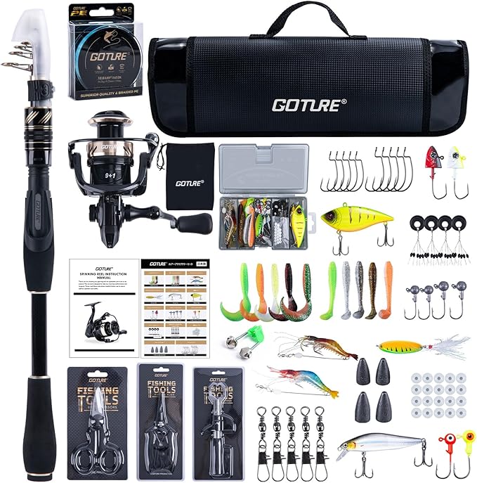 GOTURE Telescopic Fishing Rod and Reel Combos, Carbon Fiber Travel Fishing Pole, 9+1 BB Spinning Reel, Saltwater Freshwater Fishing Gear Kit with Braided Line, Lures, Carrier Bag for Bass Trout
