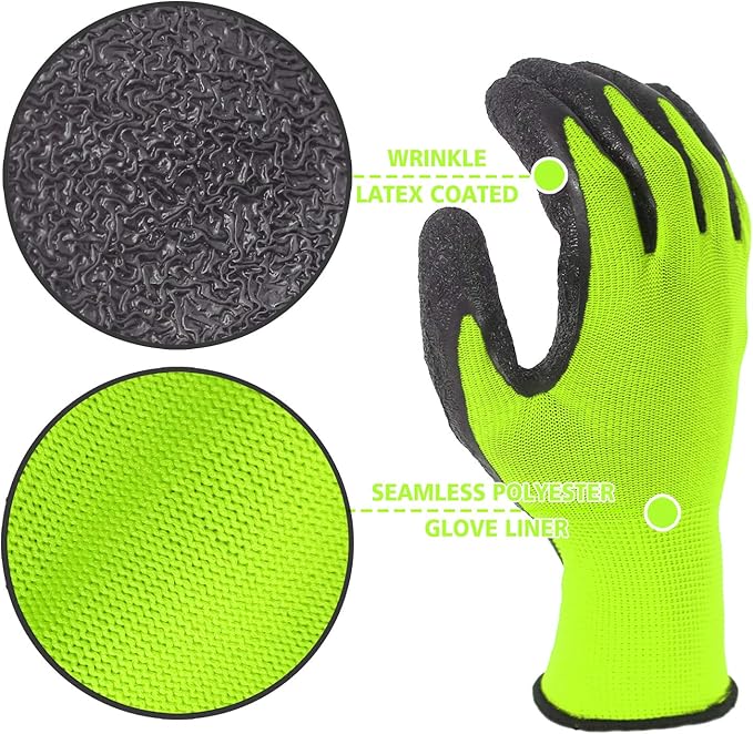 Evridwear Crinkle Latex Rubber Hand Coated Safety Work Gloves for Men Women General Multi Use Construction Warehouse Gardening Assembly Landscaping (Small,Green 12 Pairs)