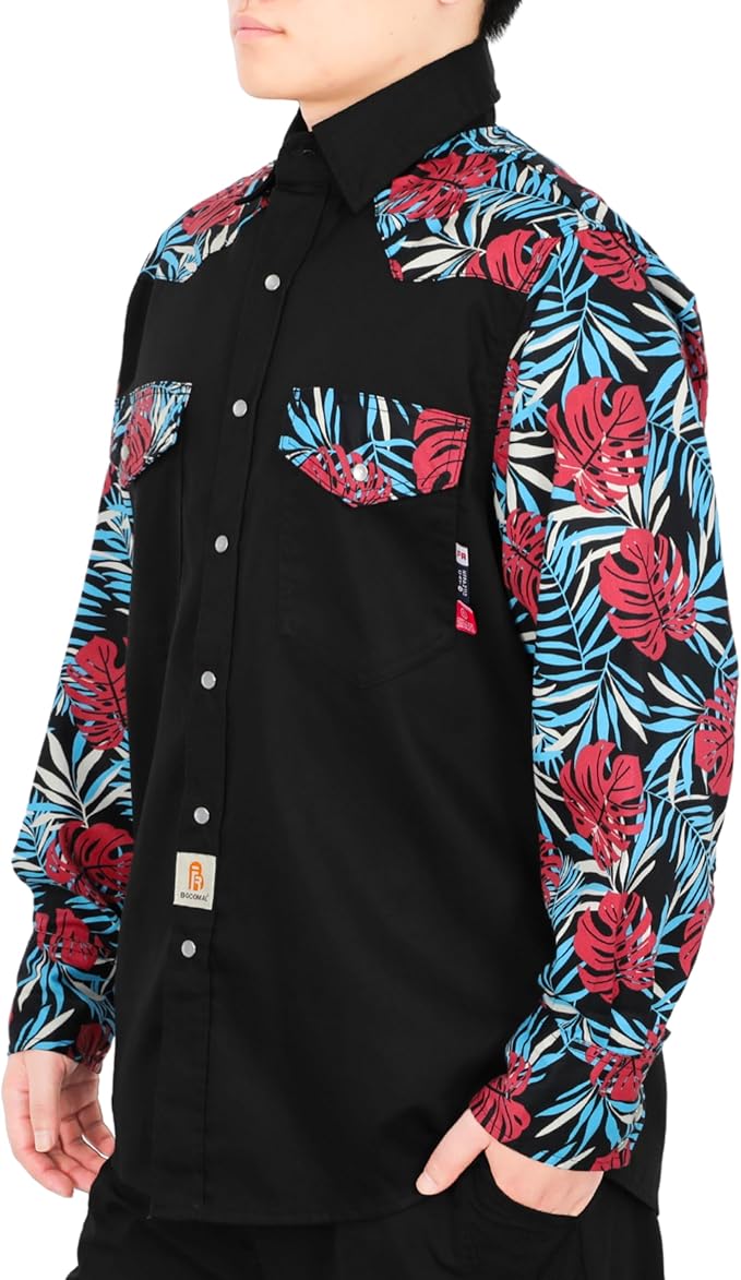 BOCOMAL FR Shirts Pearl Snaps Two Tone Plaid/Solid Flame Resistant Cotton Welding Shirt NFPA 2112 CAT 2