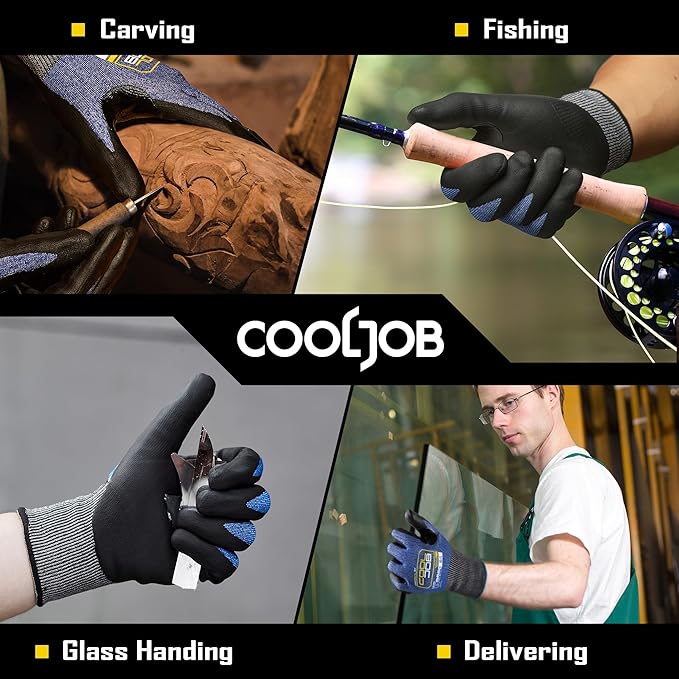 COOLJOB ANSI A9 Cut Resistant Gloves - 1/3 Pairs, Touchscreen Highest Knife Proof Level with Microfoam Nitrile Coated, Safety Work Gloves for Wood Carving, Glass Work, Construction, Blue XS