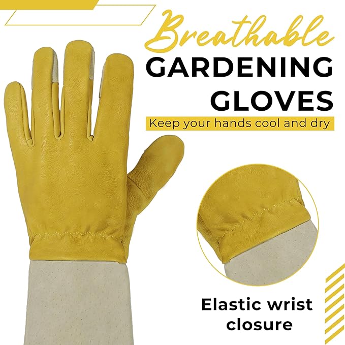 HANDLANDY Rose Pruning Gardening Gloves for Men Women, Thorn Proof Forearm Protection Leather Garden Gloves, Gardening Gifts for Gardeners (Butter Yellow, Small)