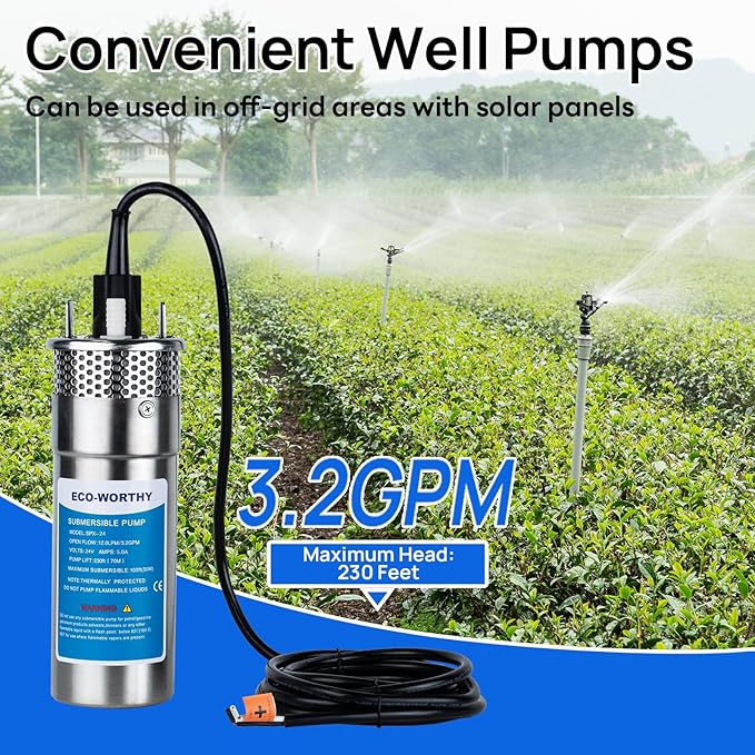 ECO-WORTHY 12V DC Submersible Deep Well Pump, MAX Flow 3.2GPM, Max Head 230ft, Water Pump Powered by Solar or Battery for Well, Livestock Drinking or Tank Filling…