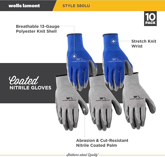 Wells Lamont Pack Nitrile Work Gloves | Lightweight, Abrasion Resistant, Blue/Grey | Large